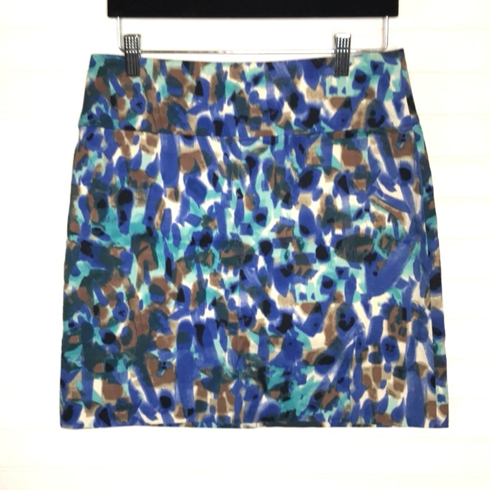 Ann Taylor Abstract Print Skirt Size 2 Blue Green Artsy Mini Cotton Stretch
